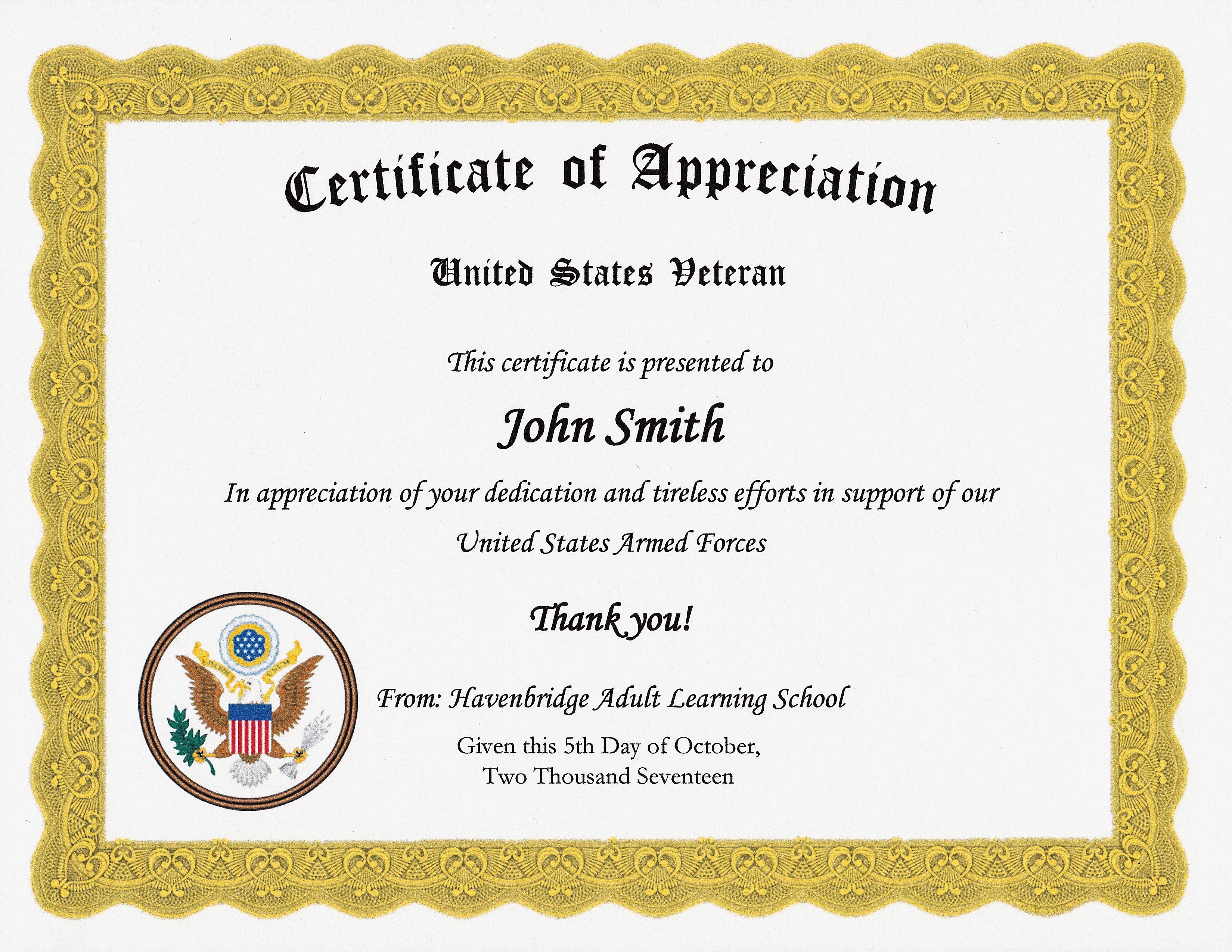 - Veteran Certificate of Appreciation