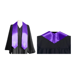 Purple stole with white embroidered crosses on gown
