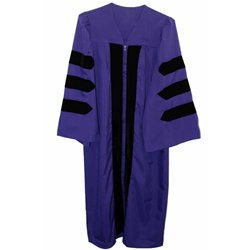 Clergy gown pictured in purple gown with black velvet