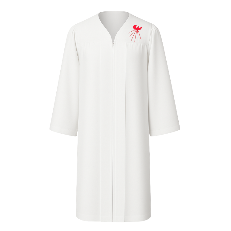 White confirmation gown with Dove - front view