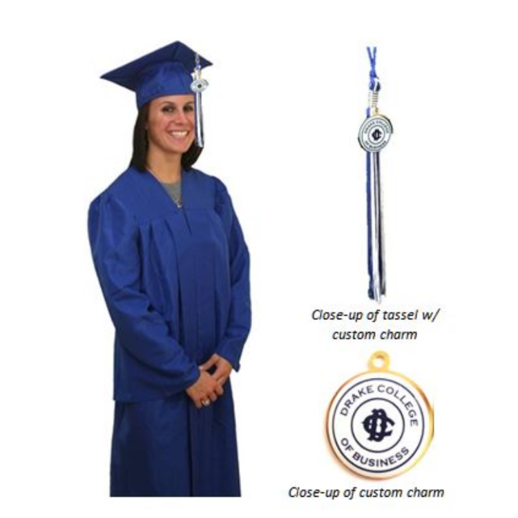Matte cap, gown, and tassel with custom charm