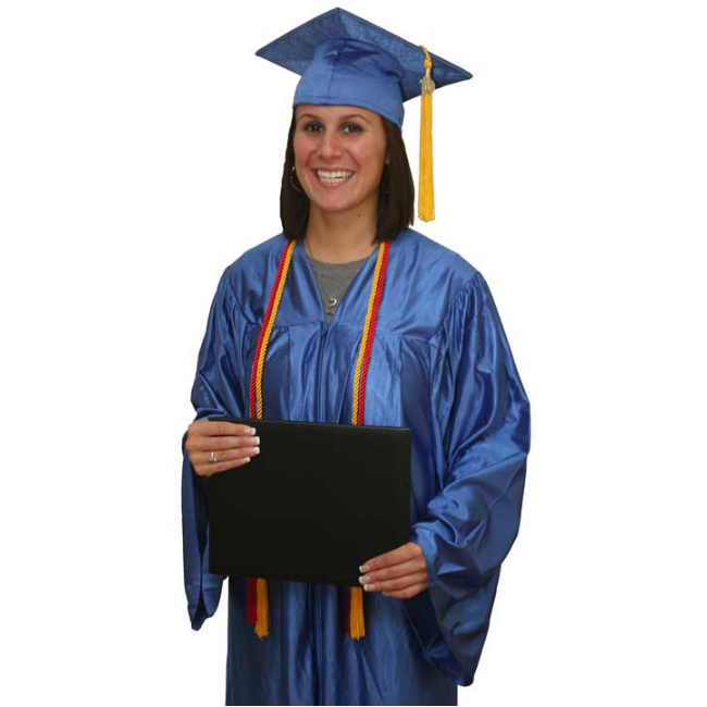 Shiny cap, gown, tassel, diploma cover, and double honor cord set