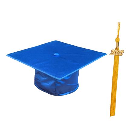 Royal Blue shiny cap with gold tassel with a gold 2022 year date