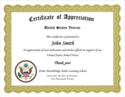 Veteran Certificate of Appreciation