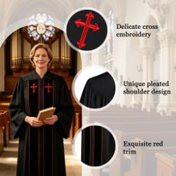Black Clergy Robe with Red Cross Embroidery