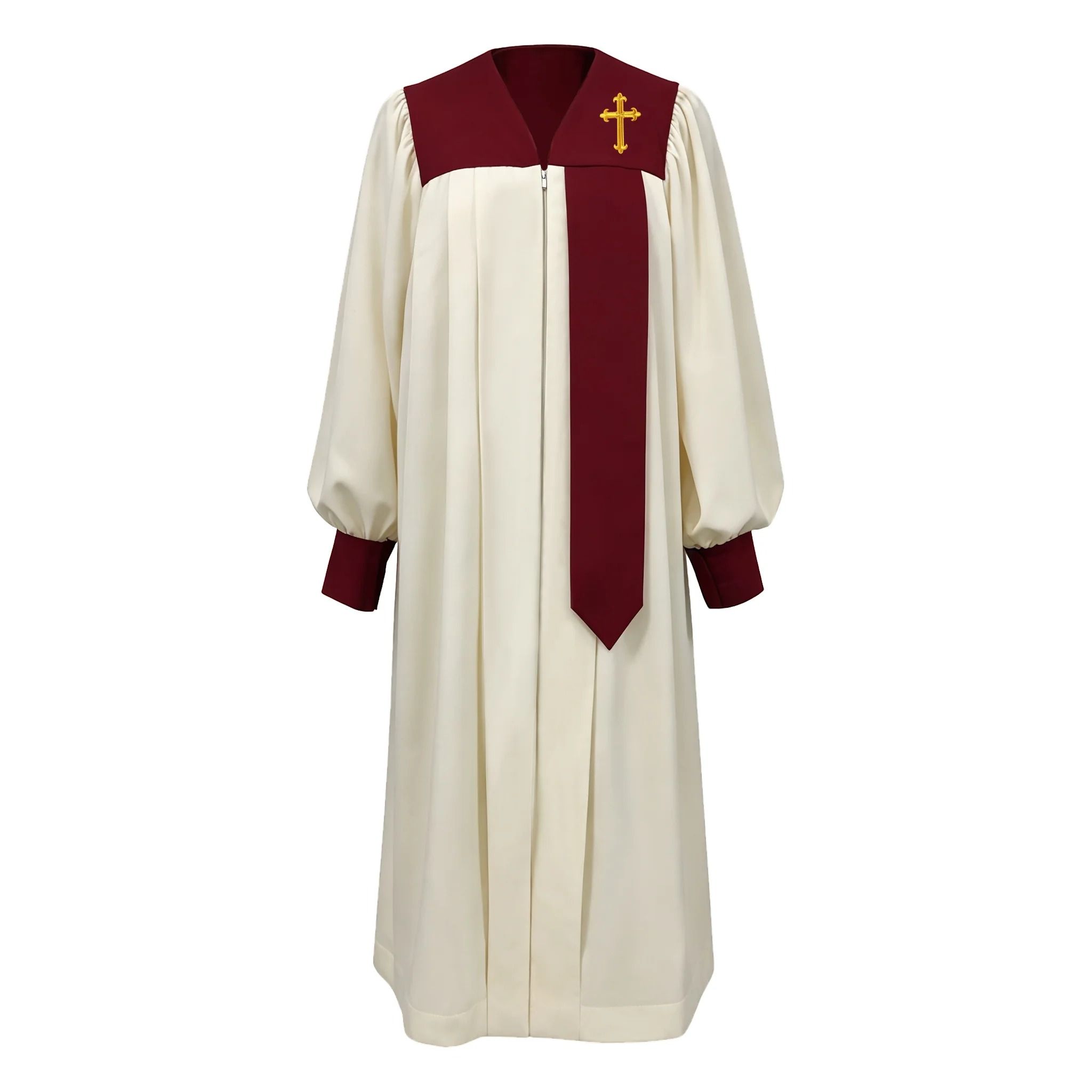 Choir Robe with Half-Stole Design, Embroidered Cross & Contrasting Trim