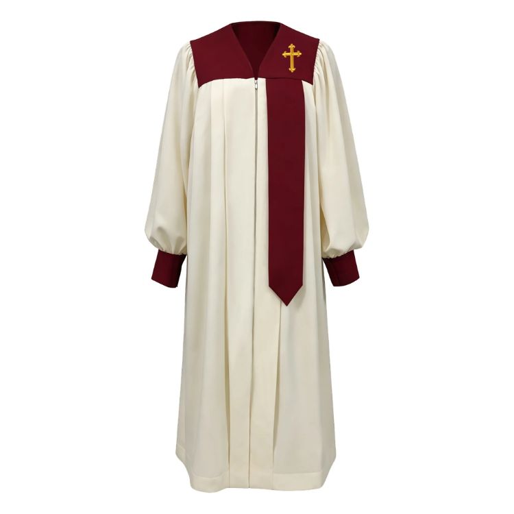 Choir Robe with Half-Stole Design, Embroidered Cross & Contrasting Trim