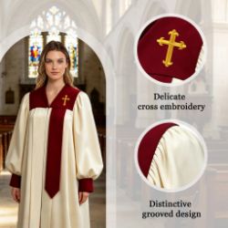 Choir Robe with Half-Stole Design, Embroidered Cross & Contrasting Trim