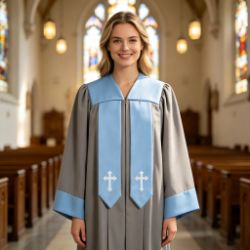 Clergy Robe with Contrasting Yoke, Draped Panels & Embroidered Cross Detail