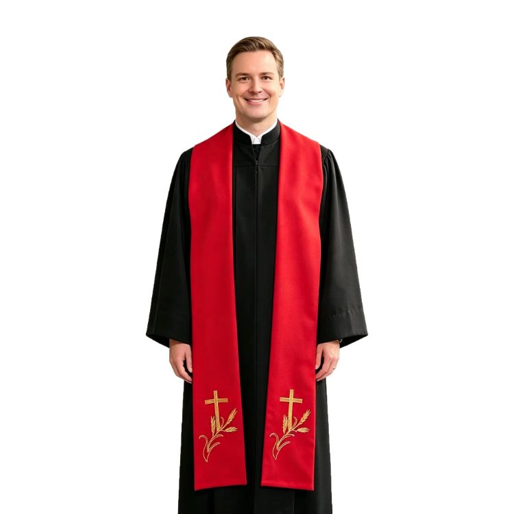 Clergy Stole with Embroidered Crosses and Wheat Design