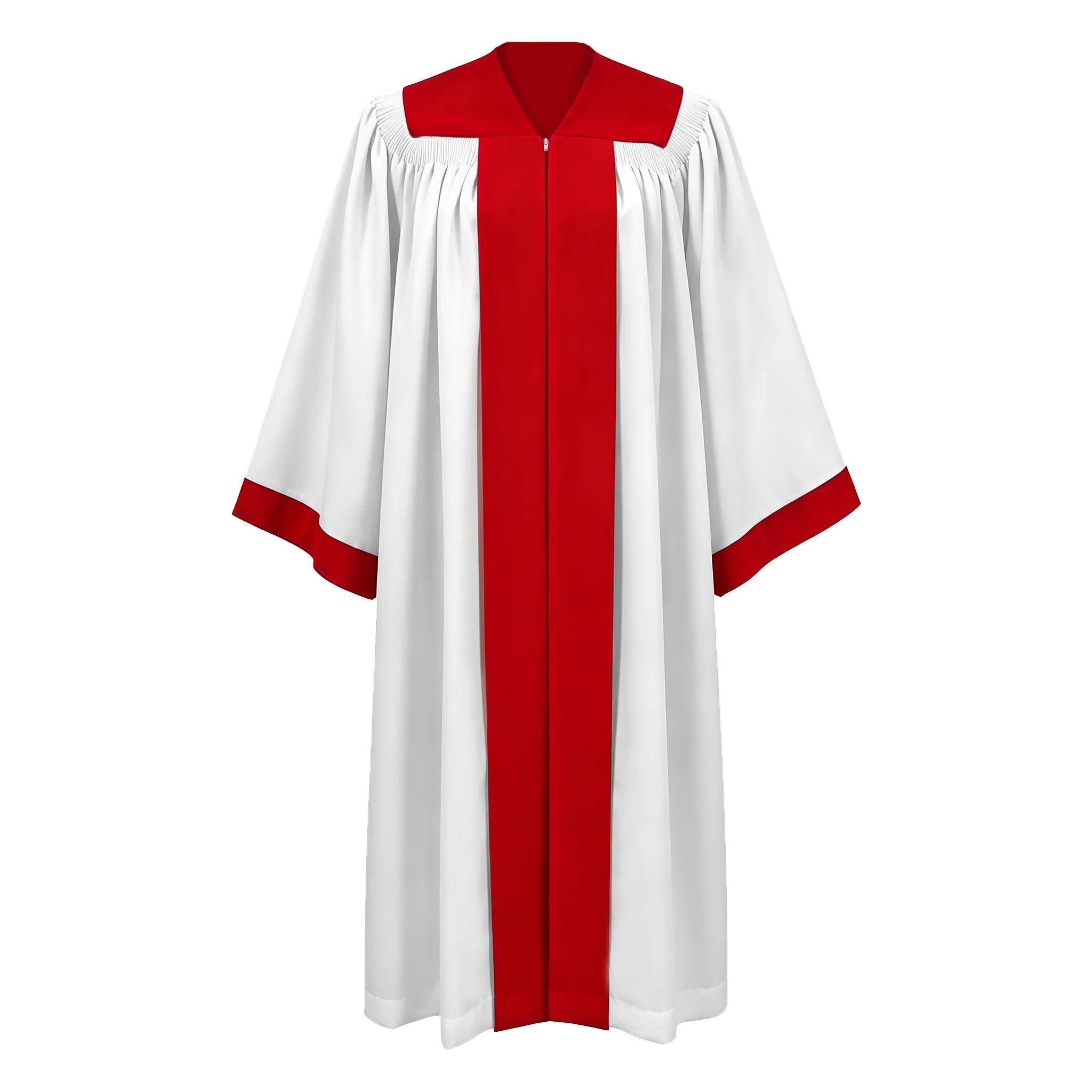 White Choir Robe with Red Front Panel, Yoke & Sleeve Accents