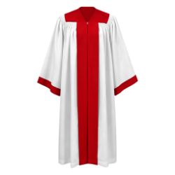 White Choir Robe with Red Front Panel, Yoke & Sleeve Accents