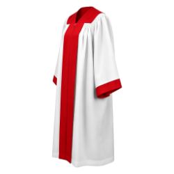 White Choir Robe with Red Front Panel, Yoke & Sleeve Accents