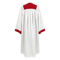 White Choir Robe with Red Front Panel, Yoke & Sleeve Accents