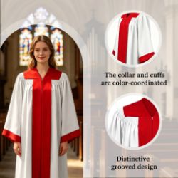 White Choir Robe with Red Front Panel, Yoke & Sleeve Accents