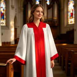 White Choir Robe with Red Front Panel, Yoke & Sleeve Accents