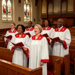 White Choir Robe with Red Cross Embroidered Collar and Trim