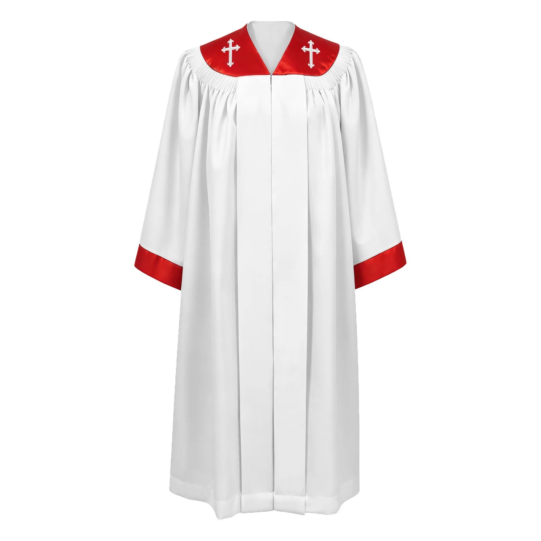 White Choir Robe with Red Cross Embroidered Collar and Trim