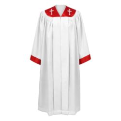 White Choir Robe with Red Cross Embroidered Collar and Trim