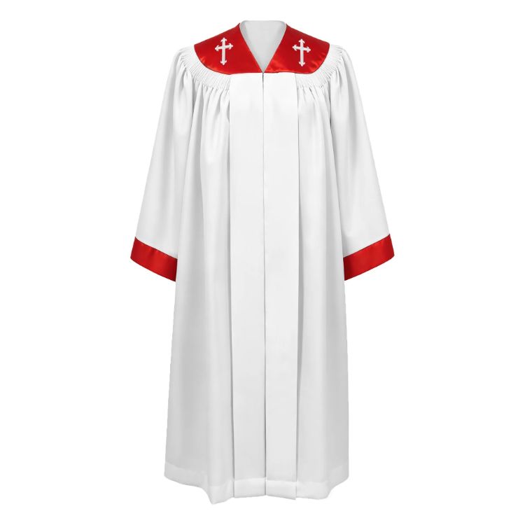 White Choir Robe with Red Cross Embroidered Collar and Trim