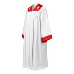 White Choir Robe with Red Cross Embroidered Collar and Trim