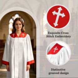 White Choir Robe with Red Cross Embroidered Collar and Trim