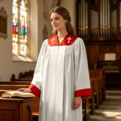White Choir Robe with Red Cross Embroidered Collar and Trim